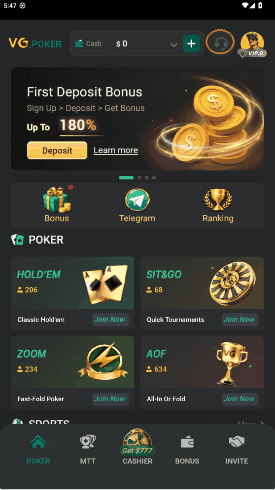 Màn hình chính VG.Poker, biểu tượng tai nghe được khoanh đỏ ở góc phải trên
