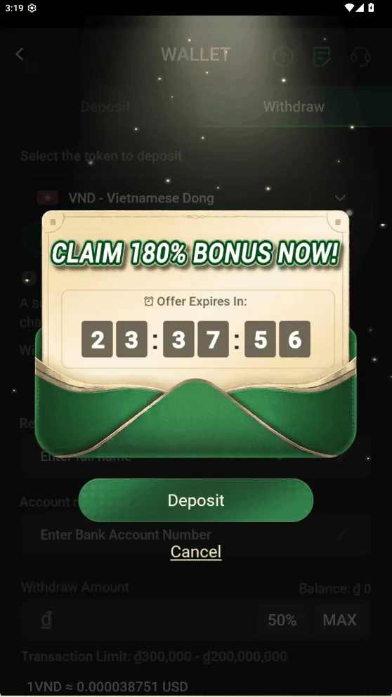Popup bonus nạp đầu trong app VG.Poker kèm đồng hồ đếm ngược