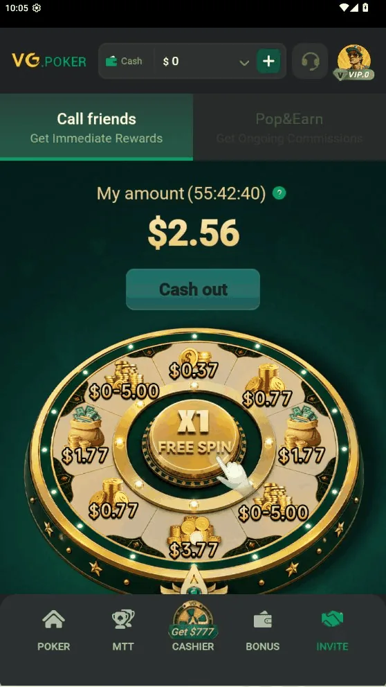 Tab Call friends trong app VG.Poker với vòng quay, số tiền tích lũy và đồng hồ đếm ngược