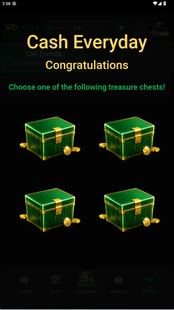 Màn hình chọn rương trong mục Cash Everyday của app VG.Poker