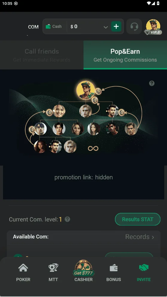 Màn hình Pop&Earn với sơ đồ đội nhóm, cấp commission hiện tại và số commission khả dụng