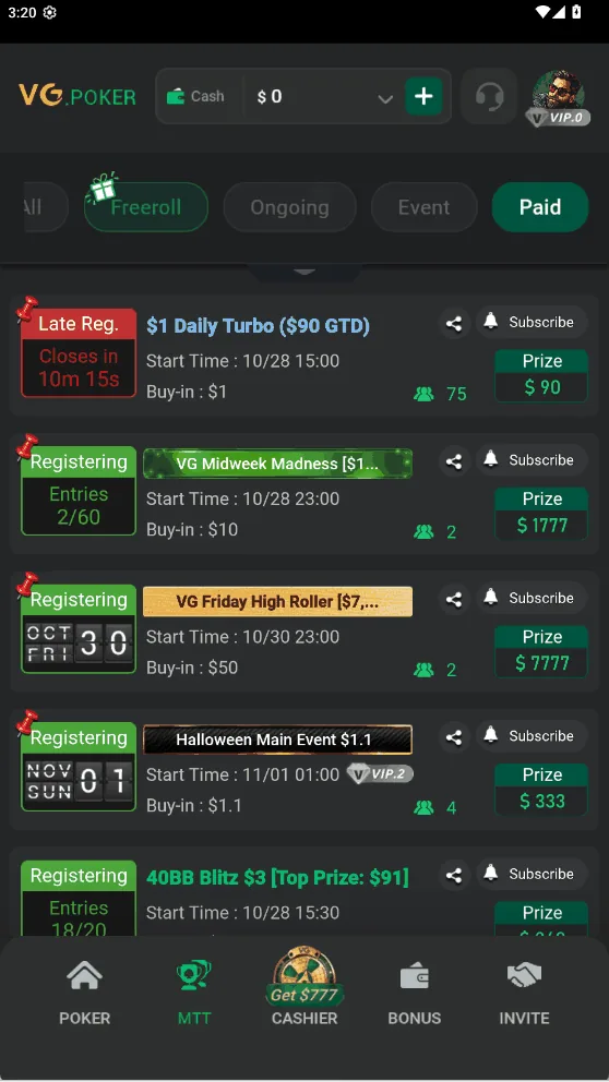 Danh sách giải trong app VG.Poker với mức buy-in $1, $2, $3 và tiền bảo đảm
