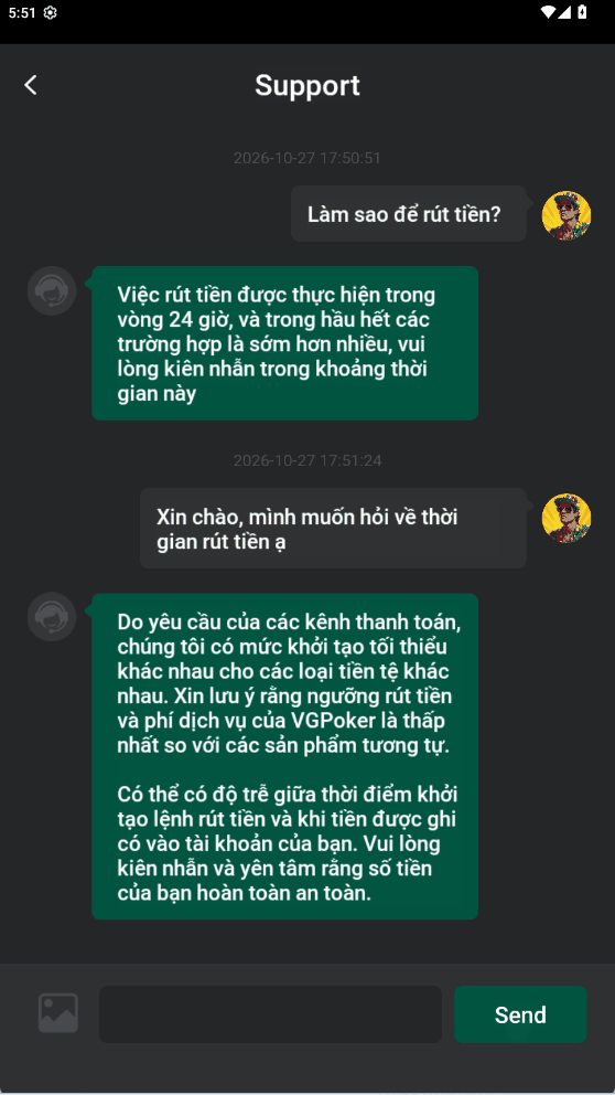 Đoạn chat thứ hai, nhân viên giải thích mức rút tối thiểu khác nhau theo từng loại tiền tệ