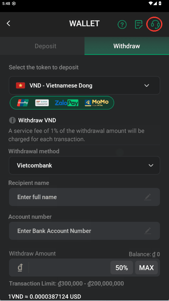 Trang WALLET, biểu tượng tai nghe thứ ba ở góc phải trên được khoanh đỏ